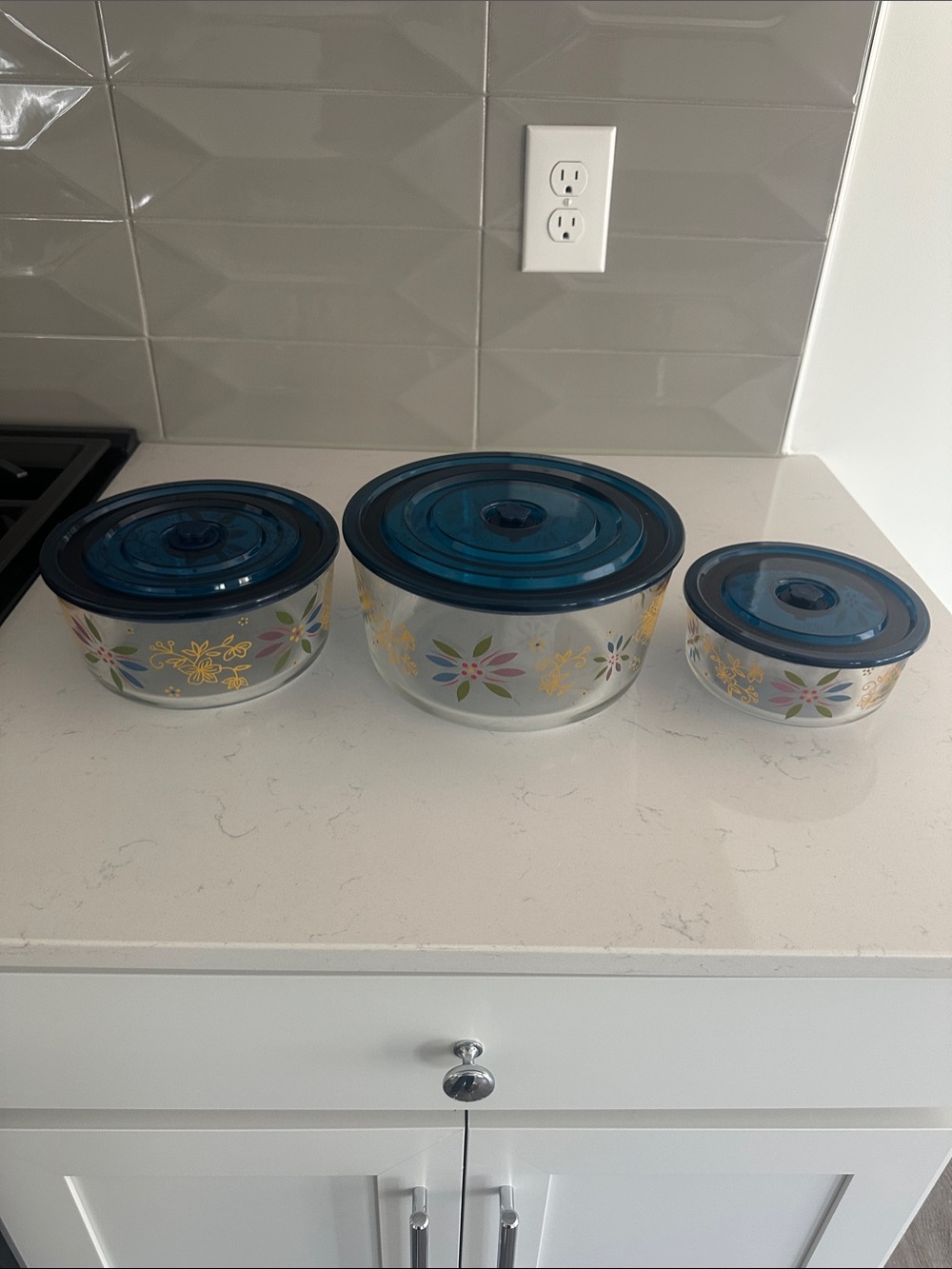 Temptations Floral Glass Nesting Bowls with Blue Lids - Set of 3